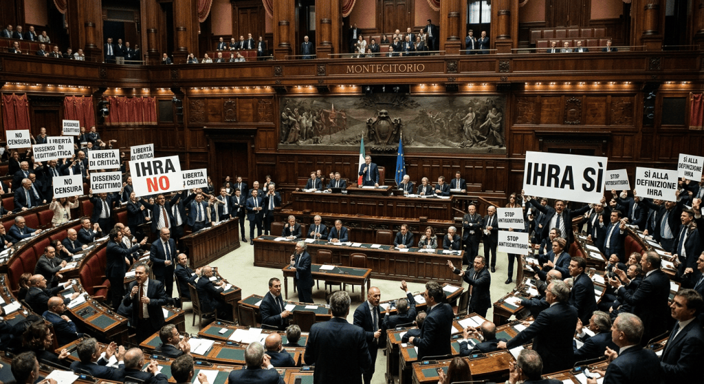 Un dibattito accesso in aula con politici che mostrano cartelli pro e contro IHRA, enfatizzando temi come la libertà di critica e la lotta all'antisemitismo.