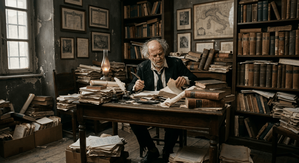 Uomo anziano seduto a una scrivania disordinata, circondato da libri e documenti, mentre scrive con una penna. La stanza è illuminata da una lampada a petrolio e decorata con vecchie mappe e foto.