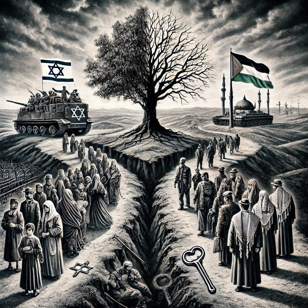 Rappresentazione artistica di un conflitto tra due popoli, con un albero solitario al centro e simboli nazionali su entrambi i lati. A sinistra un carro armato con bandiera israeliana e un gruppo di persone, mentre a destra una bandiera palestinese e un monumento storico. Il paesaggio è desolato e una fossa divide le due parti.